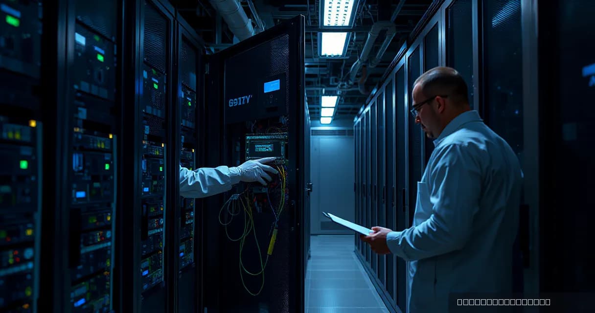 A technician installs an accelerator card into a server rack while an engineer tests the upgraded machine under realistic load in a data center laboratory.