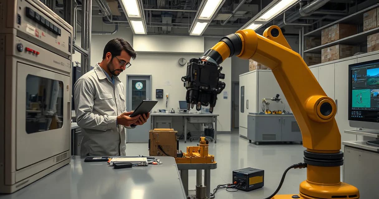 An engineer in a laboratory setting is seen holding a tablet as he interacts with a robotic arm, symbolizing AI technology development and testing.
