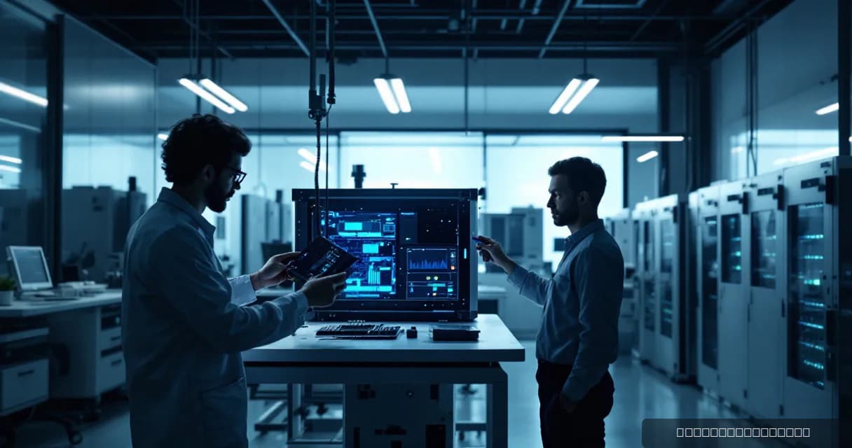 Two individuals are engaged in technical work within a hardware laboratory. One person, wearing a lab coat, installs an accelerator card on an open test bench while another measures the upgraded machine under realistic load. The setting is characterized by cool tones of silver, midnight navy, and a