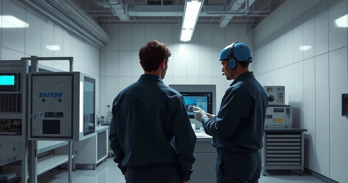 Two engineers are testing an accelerator card in a modern AI laboratory with a cooling unit running beside them, emphasizing the technical and industrial setting.
