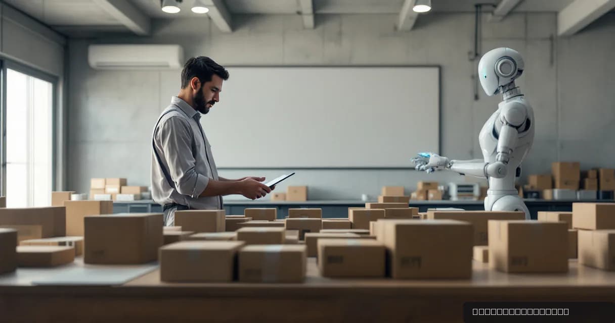 An anonymous manager inspects a completed order in a warehouse setting while a robot sorts related parcels below, symbolizing advanced AI technology integration in logistics and procurement.