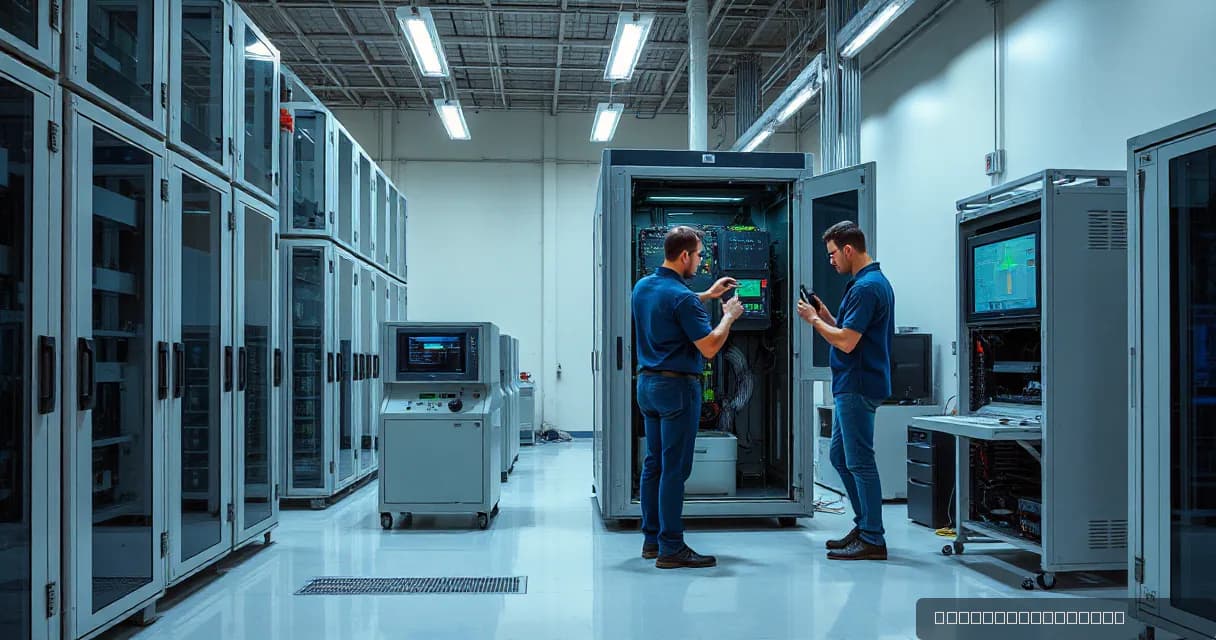 Two technicians are engaged in maintenance or testing within a large-scale hardware laboratory filled with server racks. One technician is installing an accelerator card into an open test bench, while the other measures the performance under realistic load conditions.