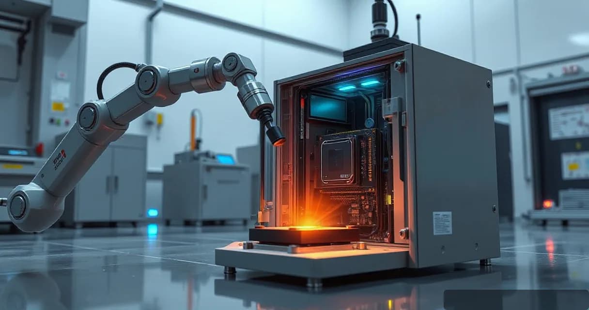 A robotic arm installs an accelerator card into a relay cabinet within a precision facility laboratory, symbolizing advanced AI technology integration in real-world applications.