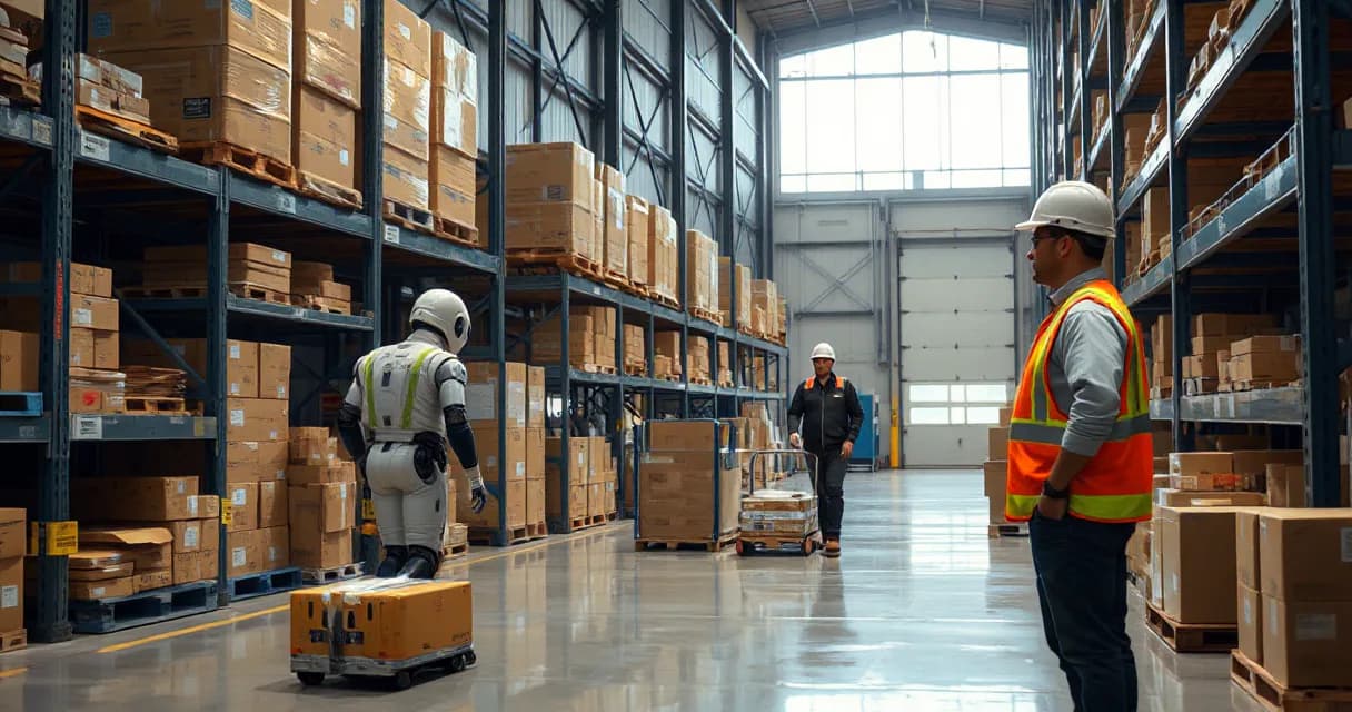 An autonomous warehouse robot sorts unmarked parcels under observation by an operations technician within a large industrial warehouse setting.