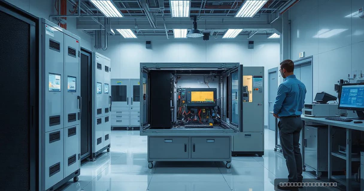 A technician installs an accelerator card into a test bench within a modern hardware laboratory, symbolizing advancements in AI technology development.