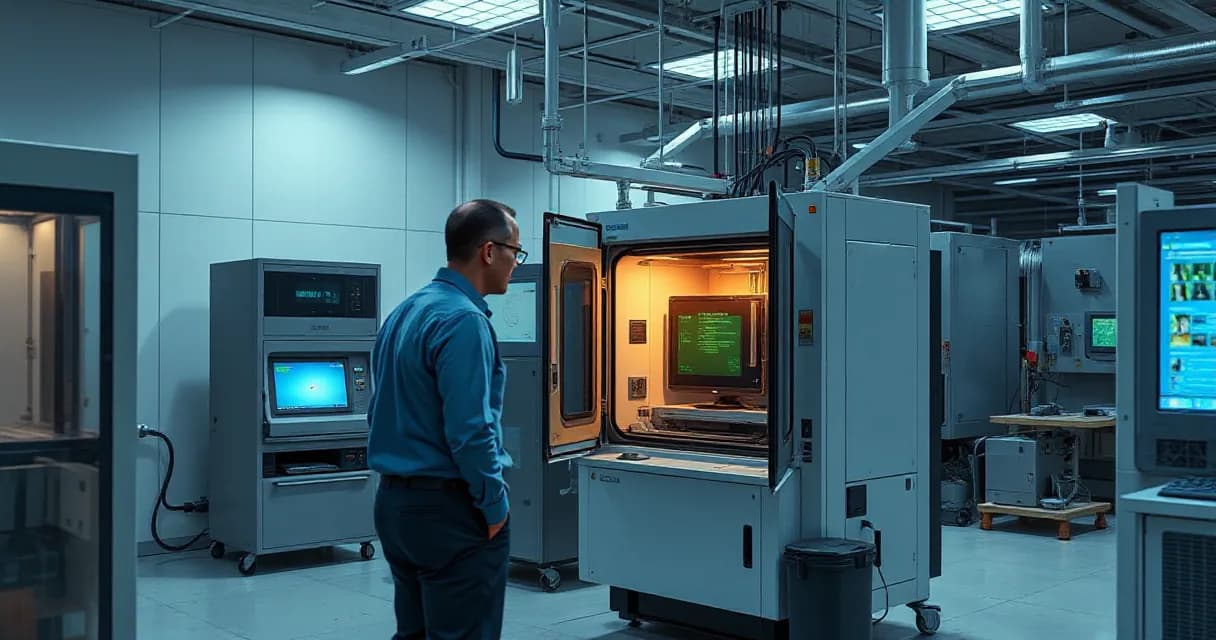 A scientist in a lab coat stands beside a large machine with its door open, revealing internal components that appear to be part of an agricultural technology test. The environment is clean and industrial, with other equipment visible in the background, suggesting a focus on advanced research and de