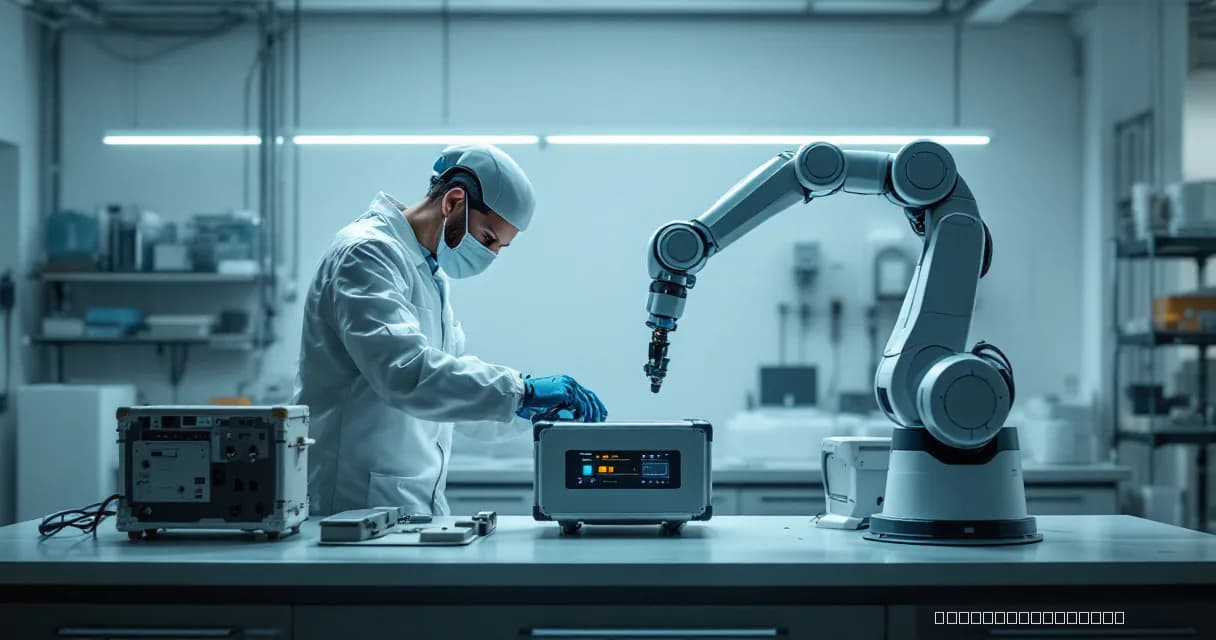 A technician in a white lab coat and protective gear is seen connecting one sealed equipment case to a plain workbench while a robotic arm secures the physical handoff beside it. The scene takes place inside an open-source laboratory, emphasizing advanced technology development.