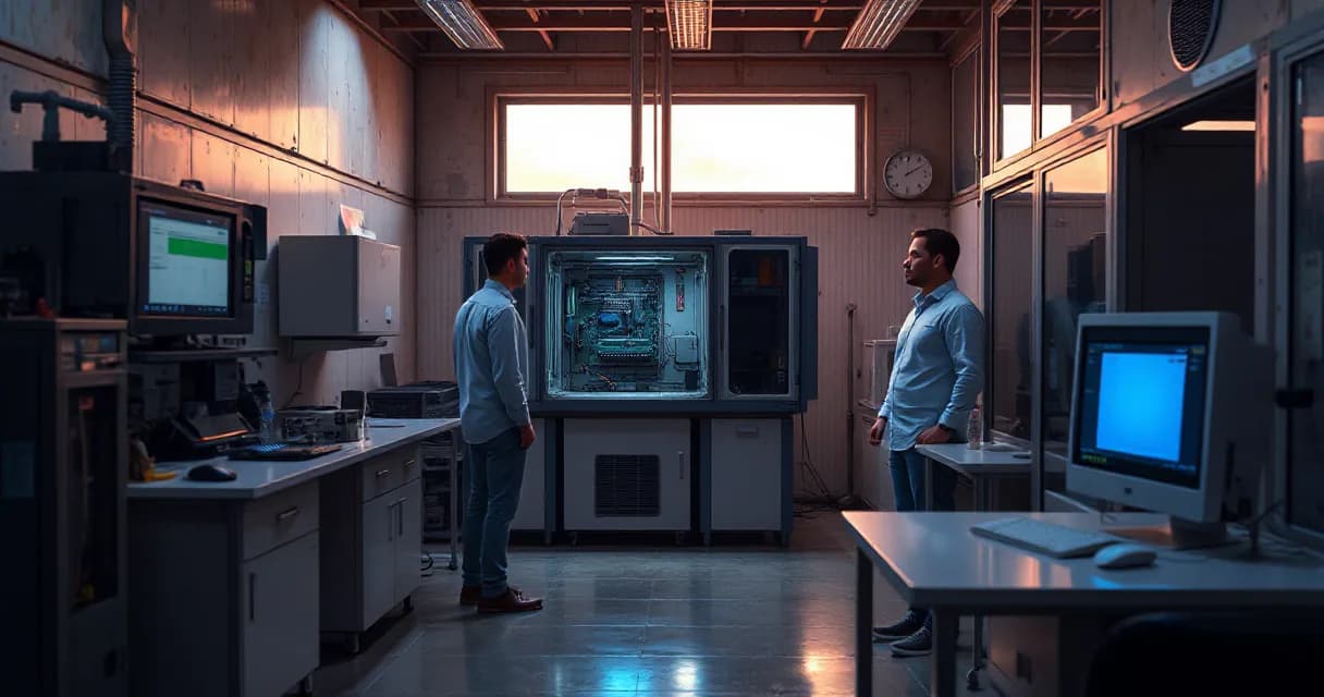 Two engineers are testing an accelerator card within a laboratory setting, surrounded by various pieces of equipment and monitors displaying technical data. The scene is illuminated with warm ambient light, highlighting the central action area where the test bench is located.