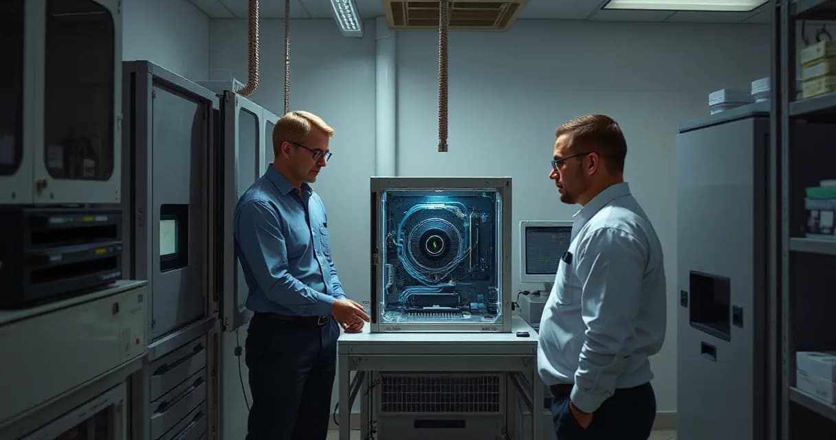 Two engineers in an AI laboratory test an accelerator card within an open machine while a cooling unit operates beside it, symbolizing advanced technology development.