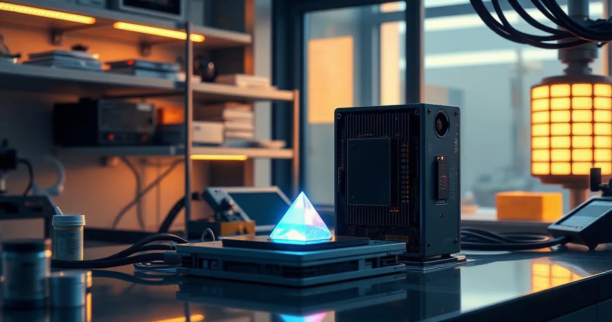 A technical laboratory scene where an accelerator card is installed into a motherboard while another technical tests the upgraded system. A silicon-prism symbolizes the transformation of structured data into human emotion, meeting a ceramic module on a precision workbench under early-morning side li