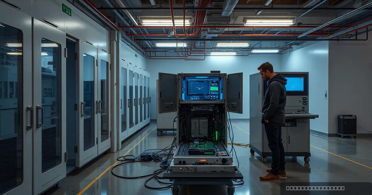 A technician installs an accelerator card on a test bench in a hardware laboratory as another person measures the upgraded machine under realistic load. The scene is set against a backdrop of industrial equipment and cables, emphasizing the technical nature of AI development.