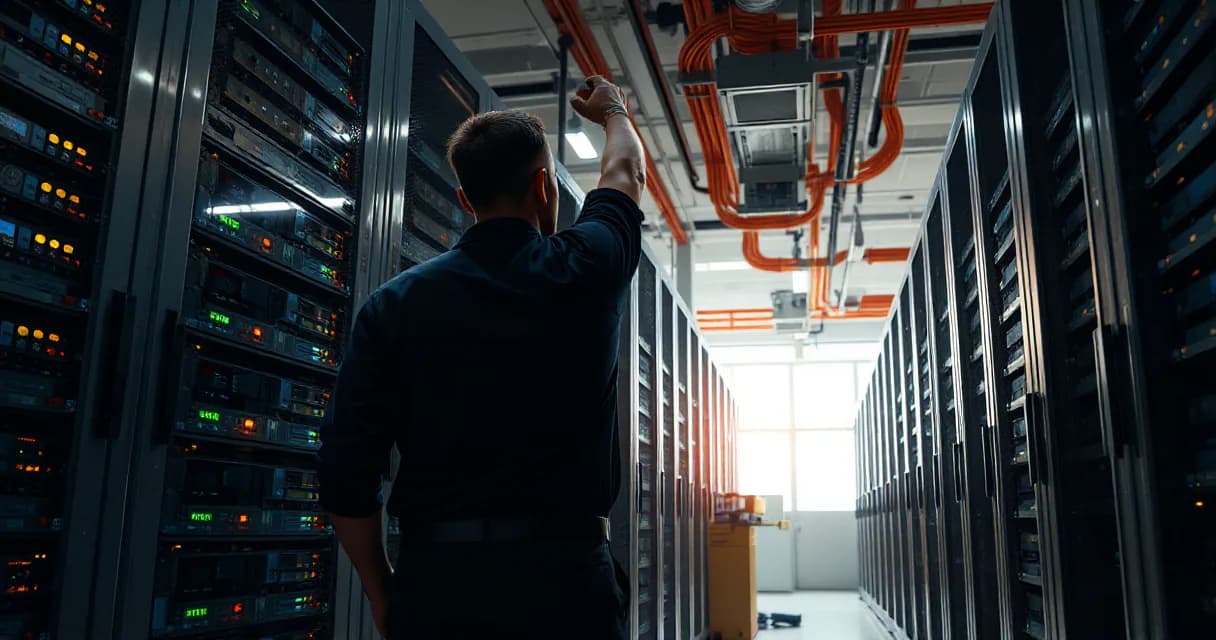 A technician in a data center replaces server units while an engineer tests the updated machine, with surrounding racks remaining active under early-morning side light.