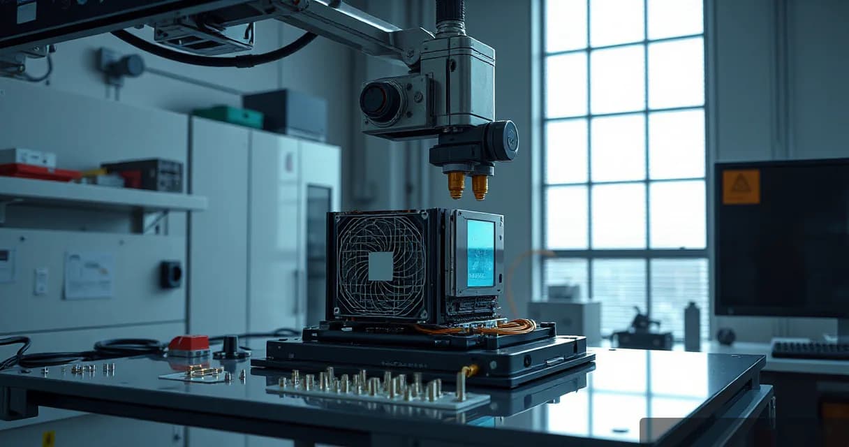 A mechanical service arm is shown replacing an accelerator card in a hardware laboratory setting, symbolizing the integration of human ingenuity and advanced AI technology for developing complex technological systems. The scene uses a precise and detailed approach to highlight the meticulous nature