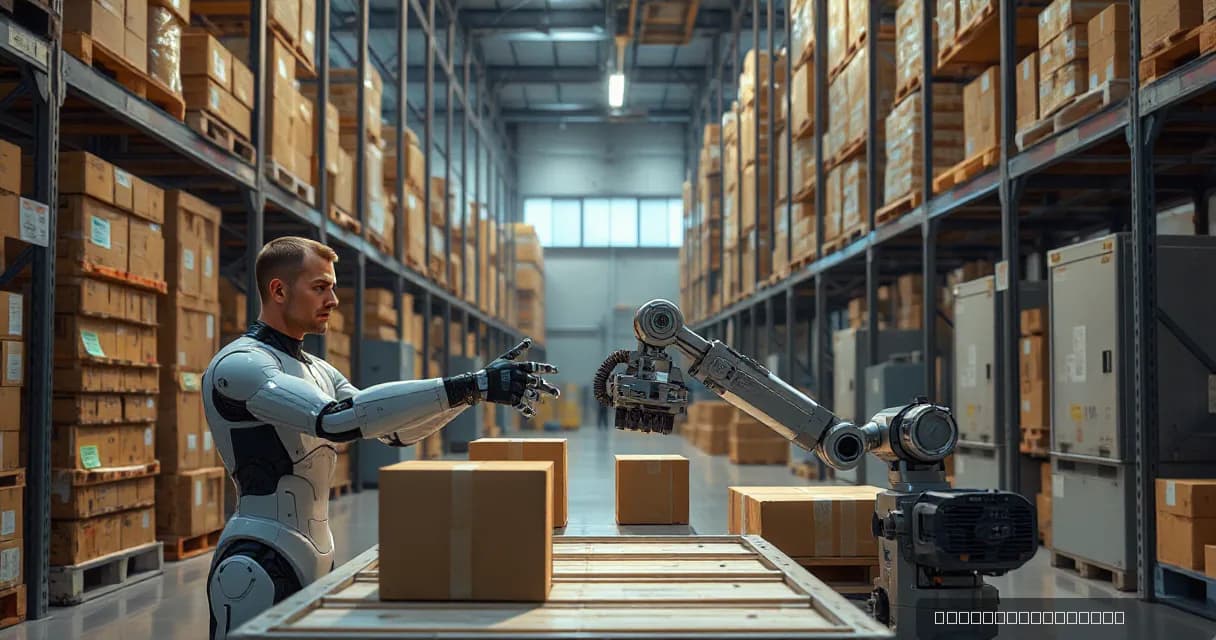 An autonomous warehouse robot sorts unmarked parcels through three physical checks as observed by a mechanical service arm, symbolizing precision and efficiency in artificial intelligence technology development.
