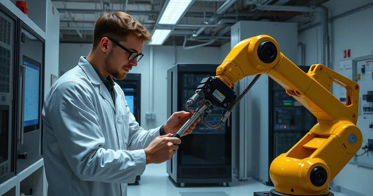 An engineer in a lab coat installs a new accelerator card while a technician tests its functionality on a robotic arm. The setting is a modern laboratory with advanced equipment, emphasizing technological advancement and artificial intelligence development.