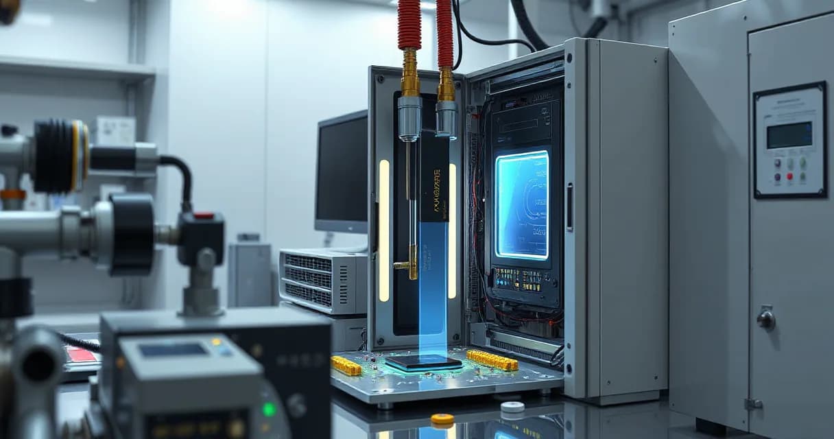 A precision facility laboratory where a mechanical service arm installs an accelerator card into a relay cabinet while a calibration mechanism tests the upgraded machine under realistic load. A silicon wafer and ceramic module meet a prism of light on a workbench, symbolizing the focal action in AI