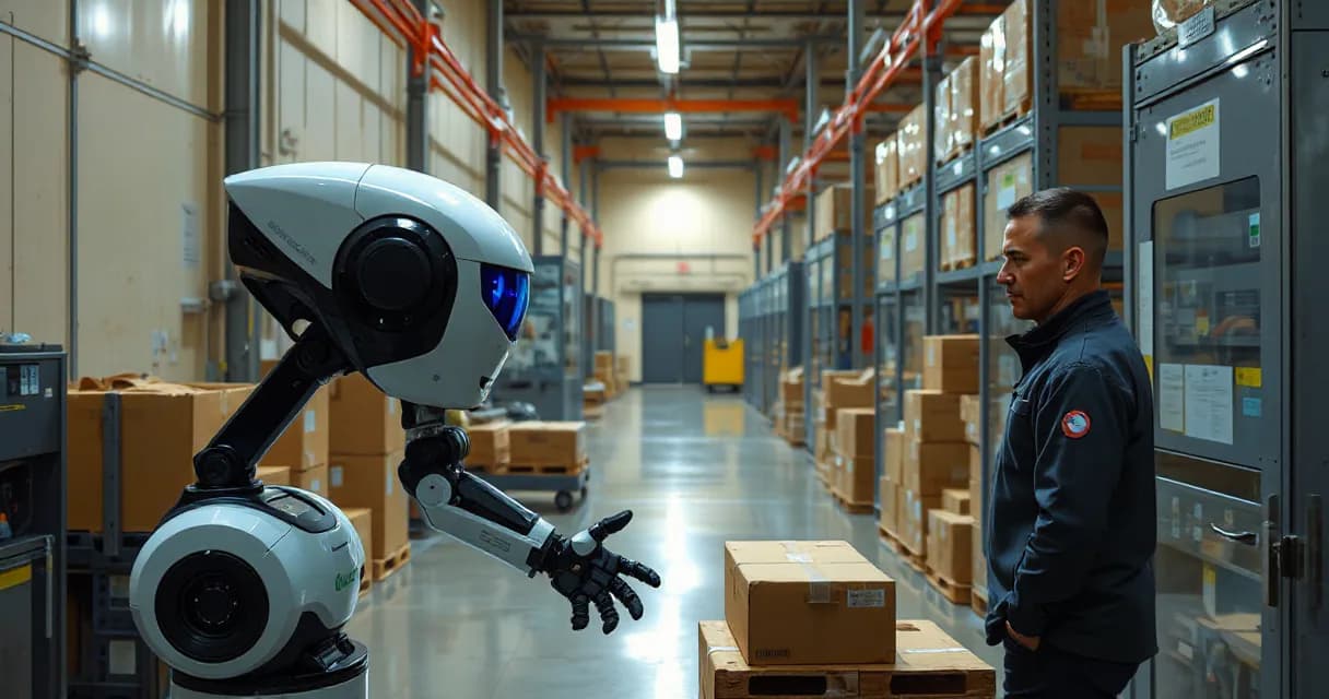 An autonomous warehouse robot sorts unmarked parcels in a large industrial setting under natural daylight, with an operations technician observing nearby.