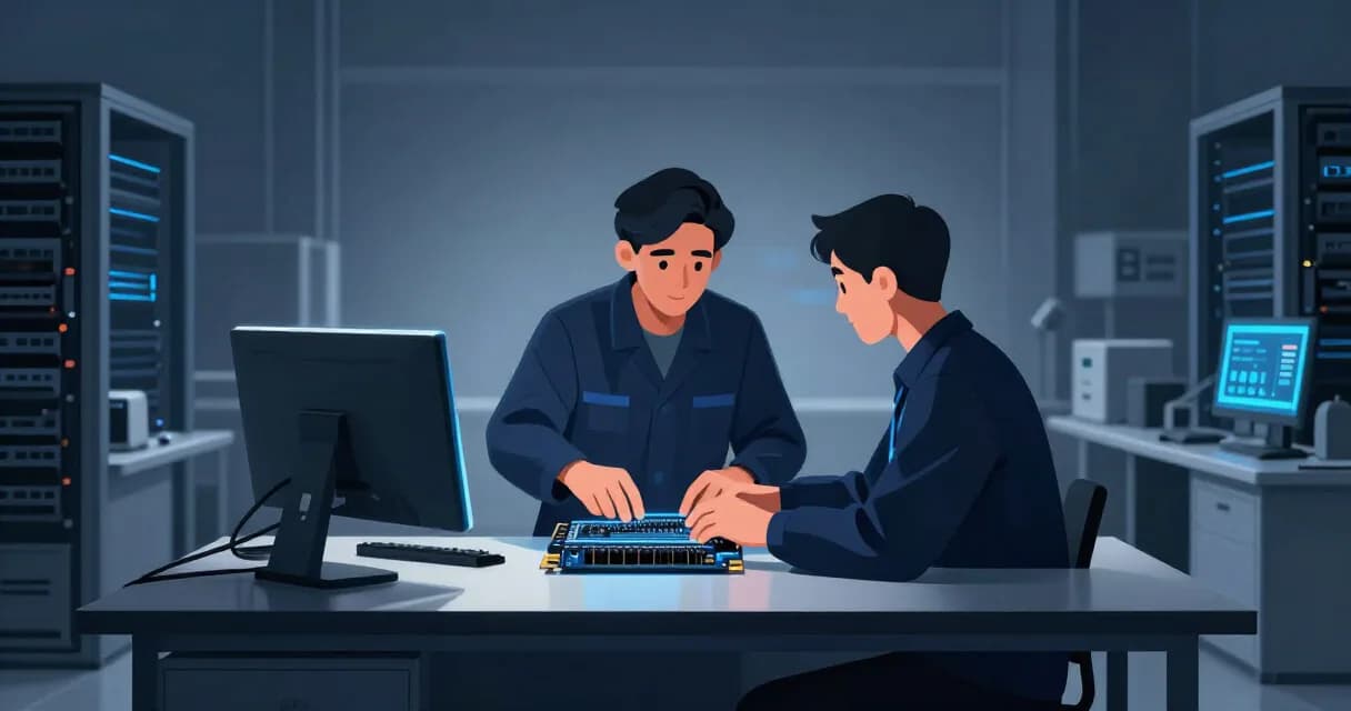 Люди и роботы-подборщики работают рядом со стеллажами книг на складе, подчёркивая конфликт между созданием ИИ и интересами авторов.