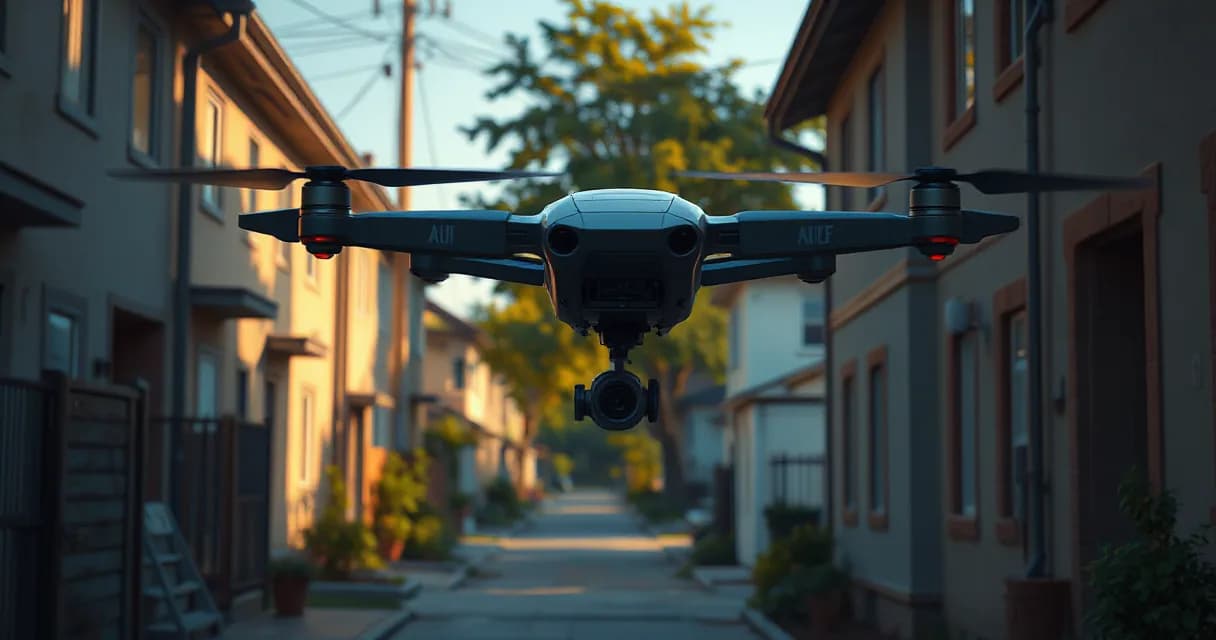 A sleek black drone labeled 'Alice' hovers in a quiet residential street during golden hour, symbolizing artificial intelligence's influence on the job market.