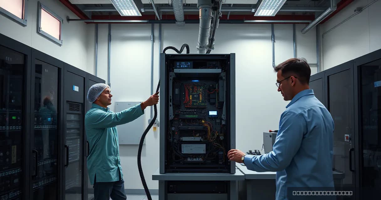 Two individuals in a hardware laboratory; one person wearing a hairnet is installing an accelerator card into an open test bench while another individual measures the upgraded machine under realistic load. The setting includes server racks and industrial equipment, emphasizing technical expertise an