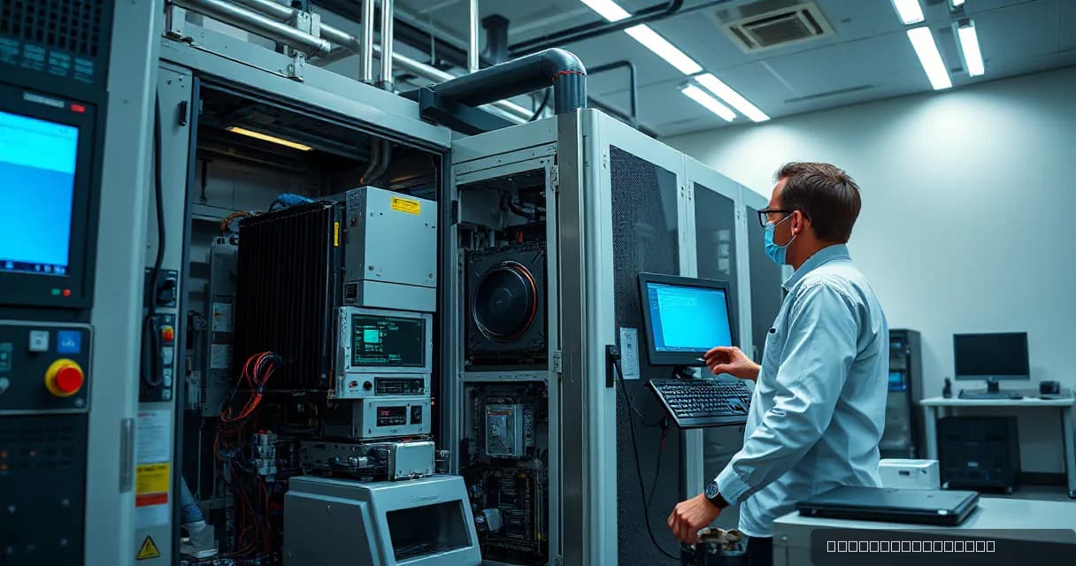 An engineer in a lab coat and face mask works on an accelerator card beside a large cooling unit inside a chip fab, while another technician tests the running machine under load. The environment features realistic equipment with a mineral white, deep ink, electric blue, and restrained signal-lime co