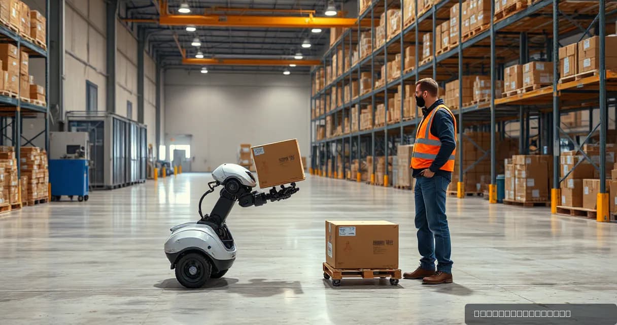 An autonomous warehouse robot sorts unmarked parcels in a large, well-lit warehouse while an operations technician observes the final verified handoff.