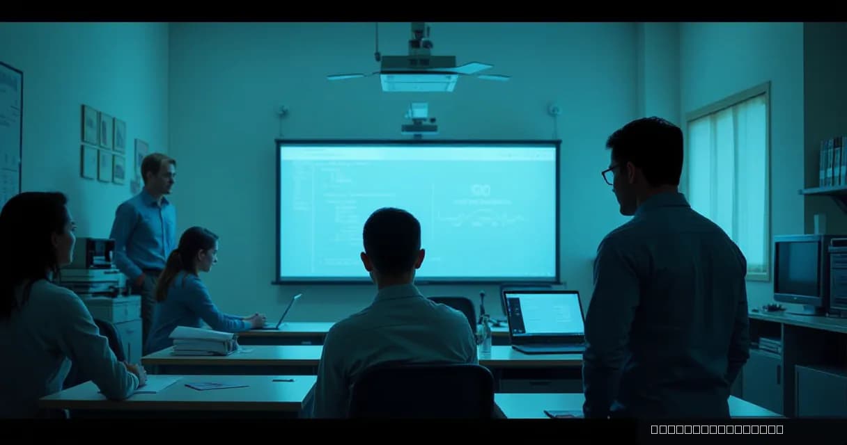 A classroom scene where an adult trainee is being coached through practical exercises with a large screen displaying technical diagrams, symbolizing the transfer of AI technology from NVIDIA to military academia.