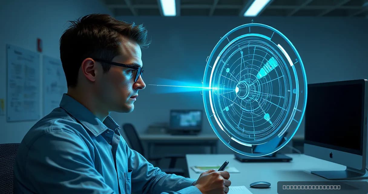 A person in a lab setting is focused on a holographic display that resembles a complex radar or optical system. The display emits a bright blue light, symbolizing advanced technology. The environment includes typical office elements like desks and computers, but the emphasis remains on the futuristi