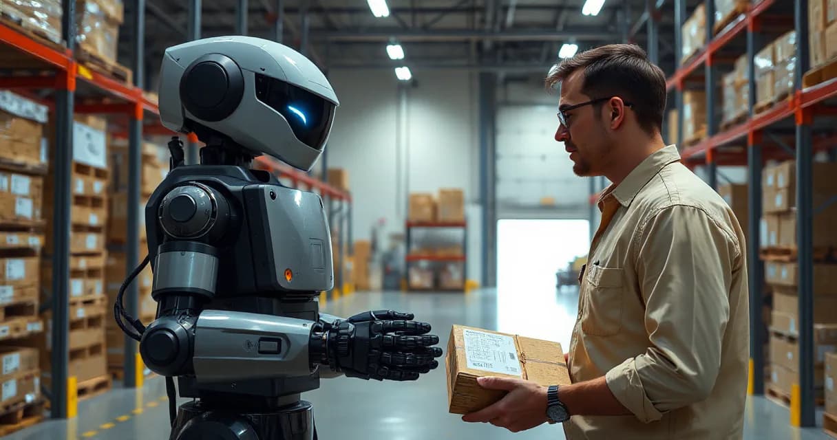 In a warehouse, an autonomous robot sorts unmarked parcels through three physical checks while an operations technician observes the final verified handoff.