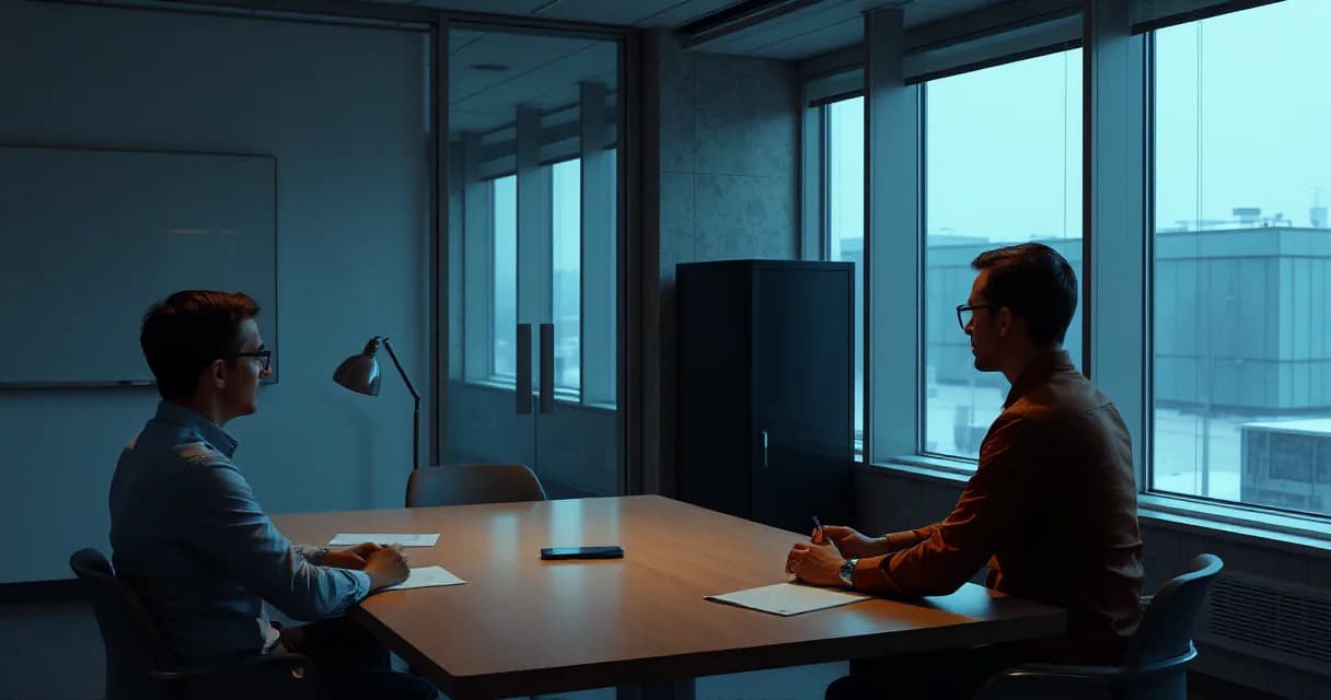 Two individuals in an office training room, one appears to be rehearsing or preparing for a meeting while the other observes and possibly coaches, with natural light streaming through large windows.
