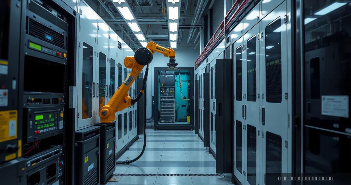 A mechanical service arm replaces a server unit in a precision facility, symbolizing advanced artificial intelligence technology deployment within a corporate setting.