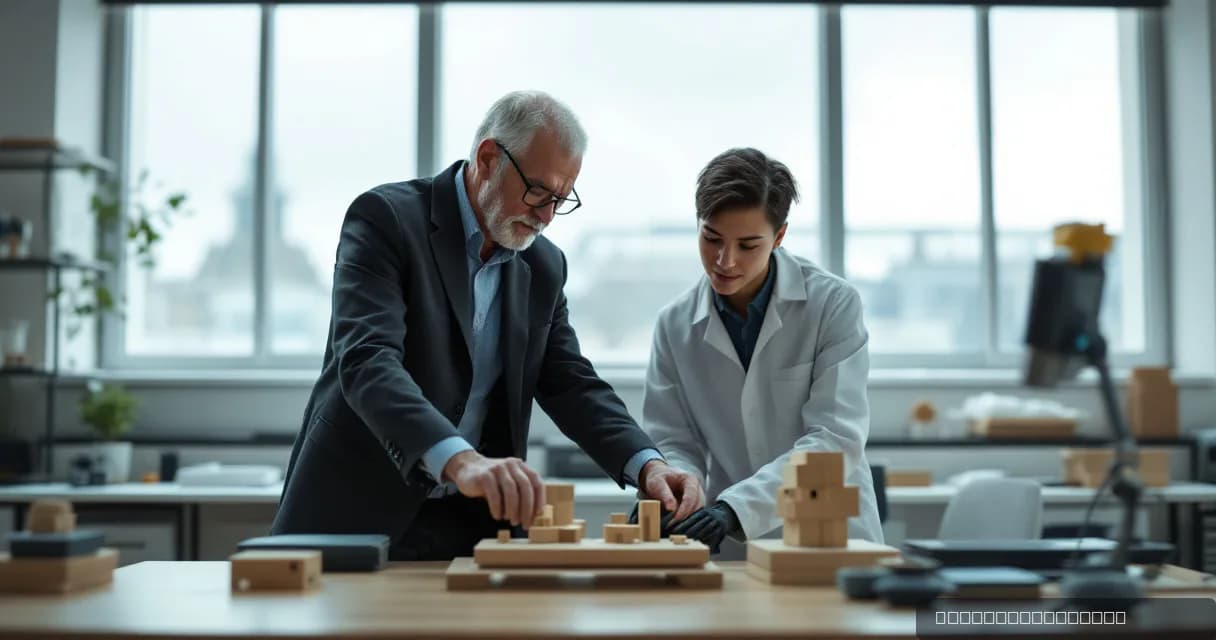 An older researcher and a younger engineer are collaborating on a project involving wooden models in a modern laboratory. The scene highlights the use of artificial intelligence agents to enhance scientific research, with both individuals focused on their task.