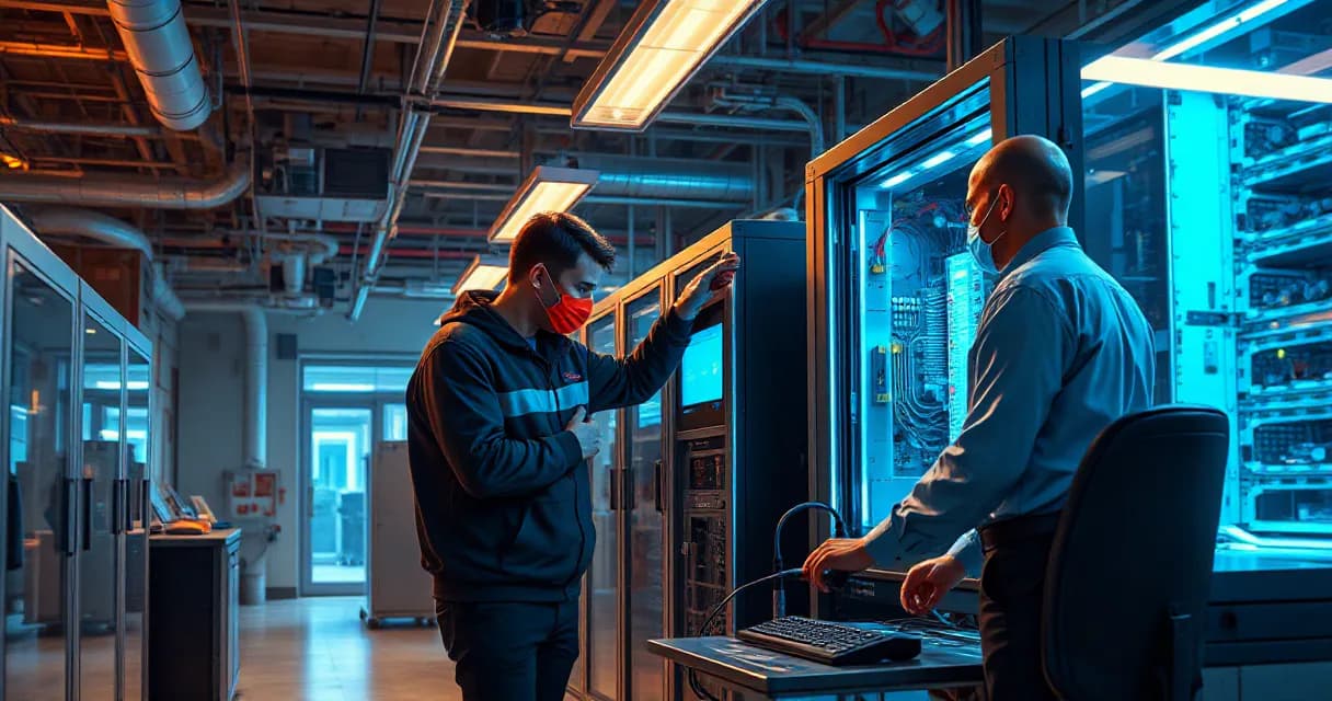 Two engineers in a server room install an accelerator card into a server cabinet under warm ambient lighting with a cool blue accent highlighting the equipment.