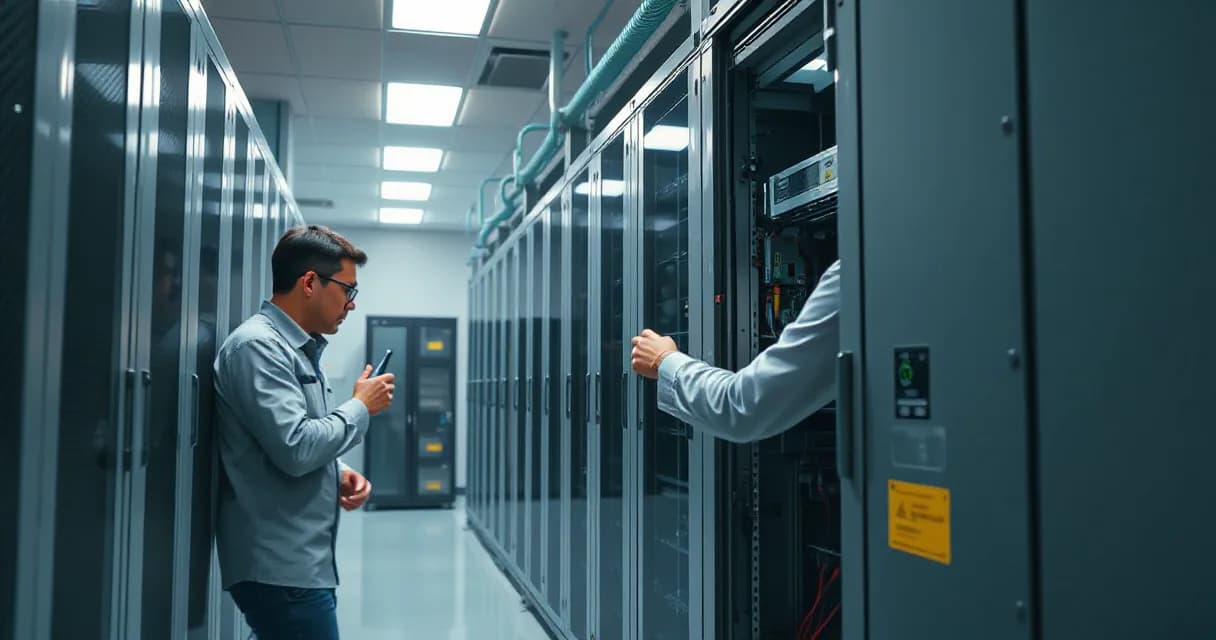 A technician installs an accelerator card into a server rack in a data center while another engineer tests the upgraded machine under realistic load.