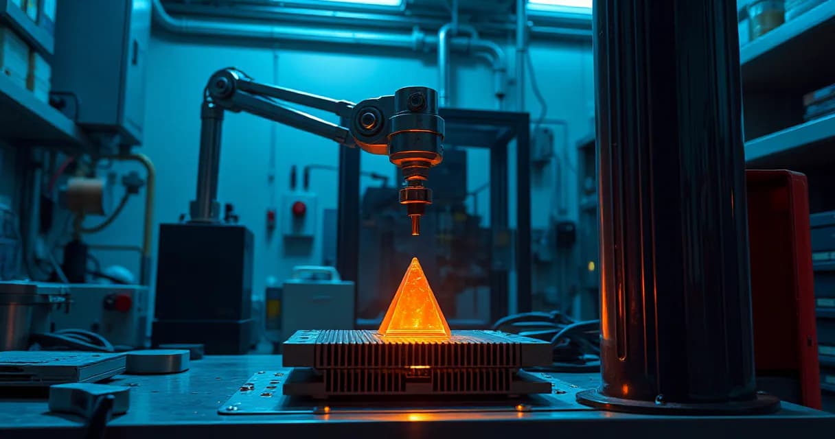 A mechanical service arm installs one accelerator card into a relay cabinet while an calibration. A silicon-prism metaphor represents AI systems in a precision facility laboratory setting.