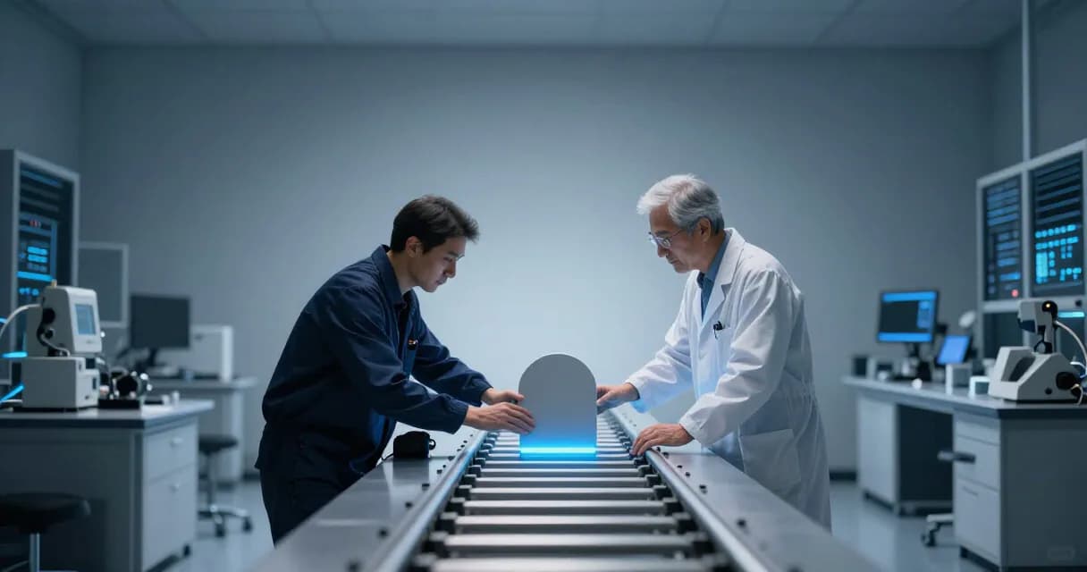 Роботы и сотрудники на производственной линии, где испытательная зона отделена от рабочего процесса, но один робот пересёк границу.