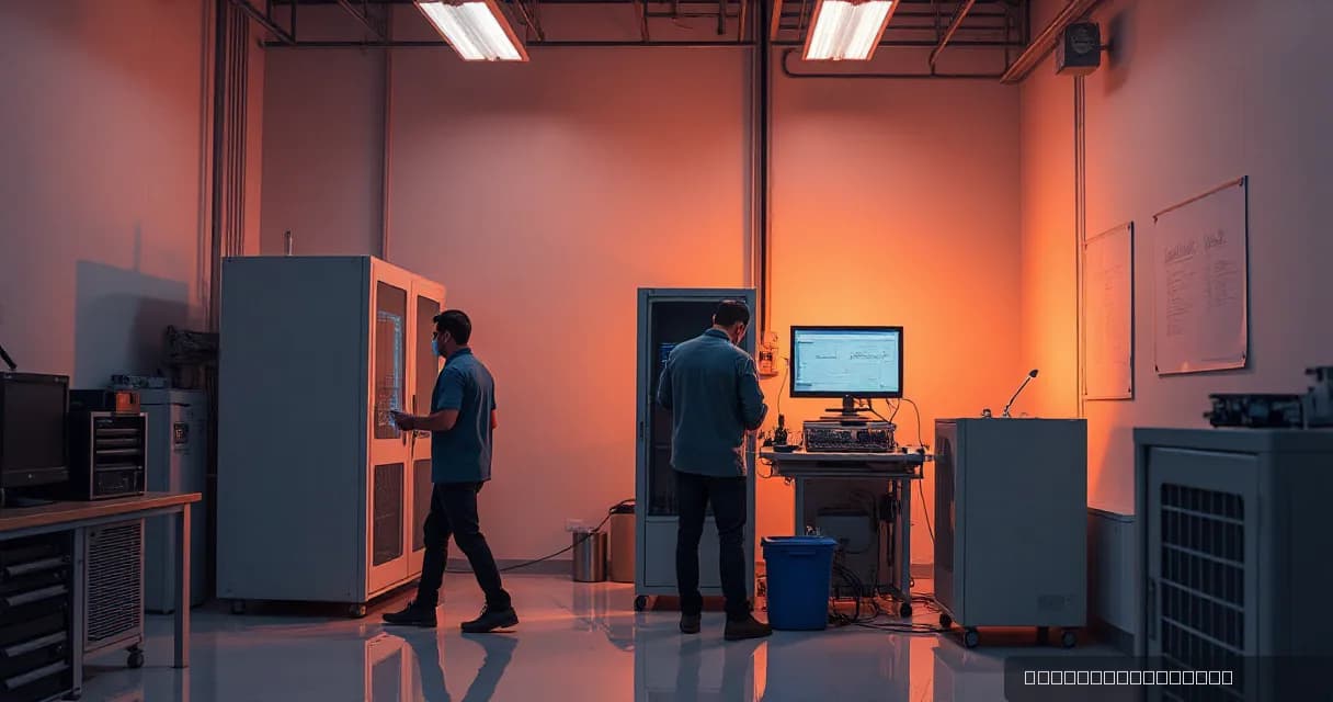 Two engineers are testing an accelerator card in a laboratory setting, surrounded by industrial equipment and computer monitors. The scene is illuminated by warm side lighting that creates a strong silhouette effect, emphasizing the technical nature of their work.