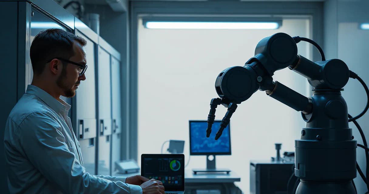 An engineer works on a laptop in front of a robotic arm within a laboratory environment, symbolizing AI development and its practical applications for economic growth.