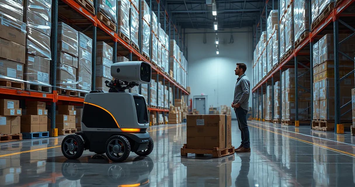 A mobile warehouse robot is shown collecting, scanning, and delivering a parcel in an industrial setting while being observed by a technician. The scene uses a cool ambient light with warm accents to highlight the technological interaction within a concrete environment.
