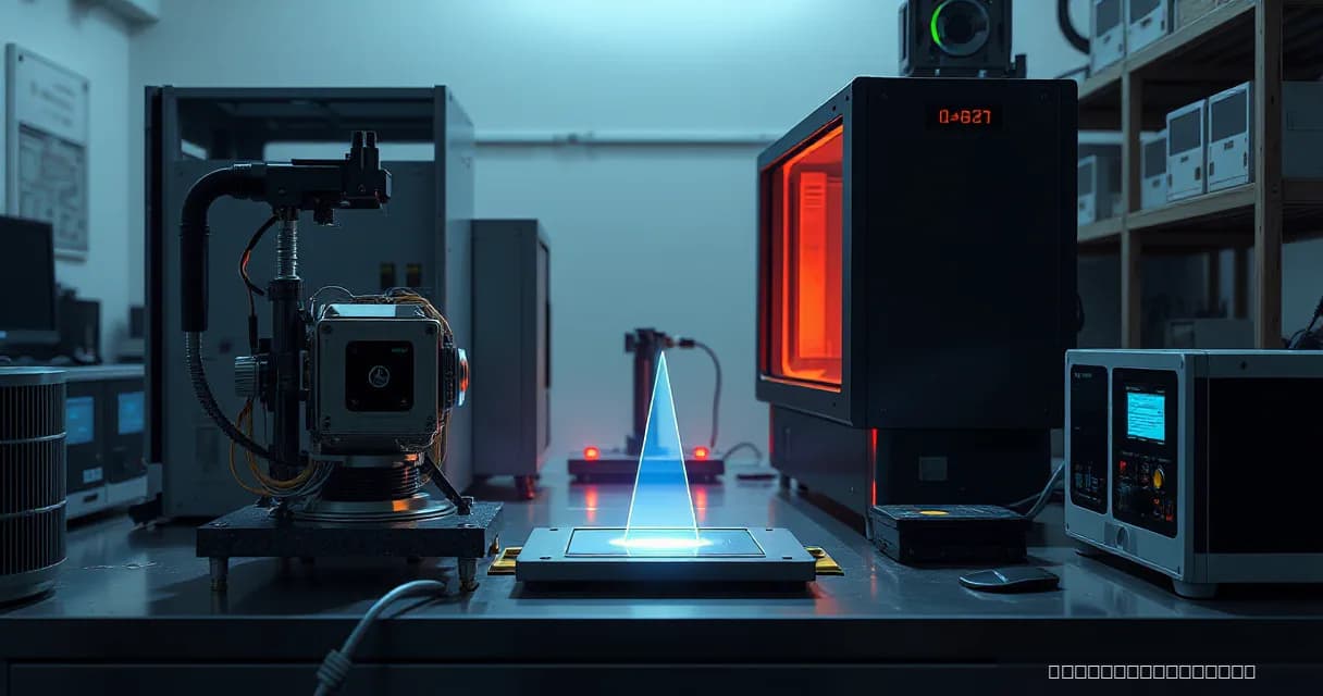 An AI laboratory scene where two calibration mechanisms test an accelerator card in a precision workbench setup, symbolizing the intersection of technology and its critical role in decision-making processes. A silicon prism metaphor represents this intersection, with soft overcast daylight highlight