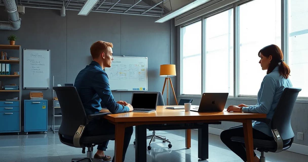 Two individuals seated across a table in an office training room, each working on laptops, symbolizing the transition from experimental to production-ready AI technology development.
