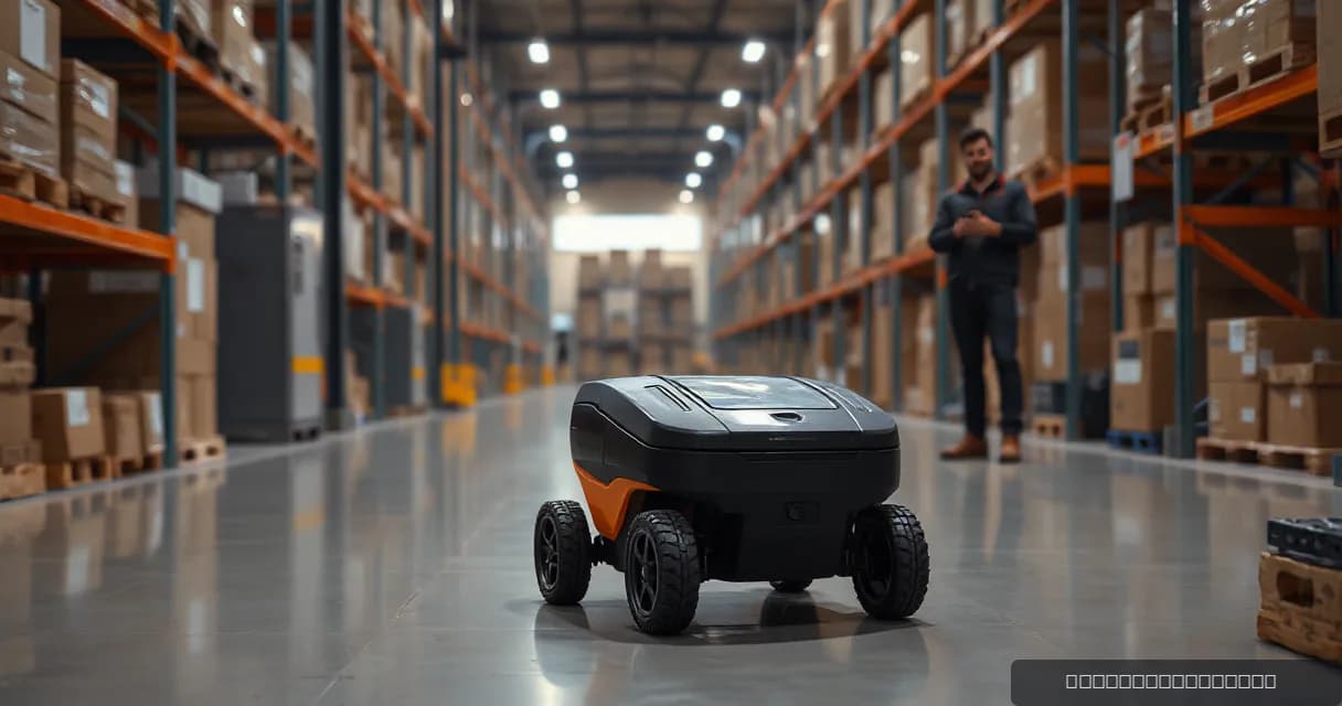 A mobile warehouse robot collects, scans, and delivers a parcel in a real-world warehouse setting while a technician observes the completed multi-step task from a distance.