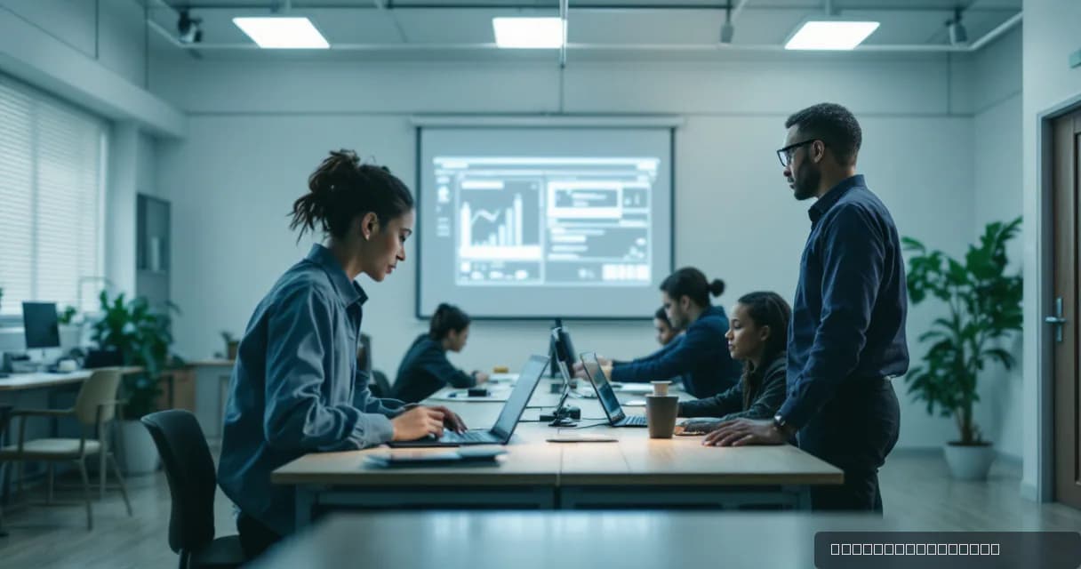 A modern classroom setting where a teacher is guiding adult trainees through a practical exercise on digital automation. The scene includes individuals working at desks with laptops, while one instructor observes closely.