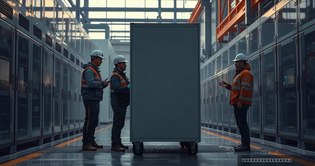 Two technical crews in safety gear are transferring a large equipment cabinet while a manager inspects the completed handoff in what appears to be a data center facility.