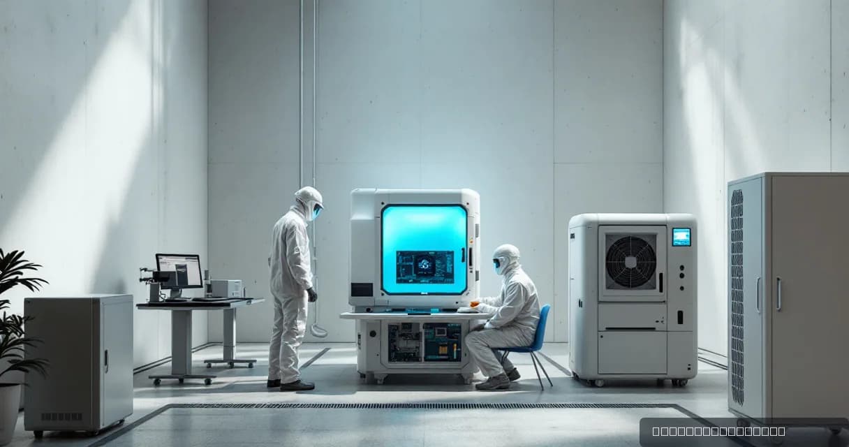 Two engineers in protective suits work on an accelerator card within a modern laboratory. The setting includes advanced equipment, emphasizing technological development.