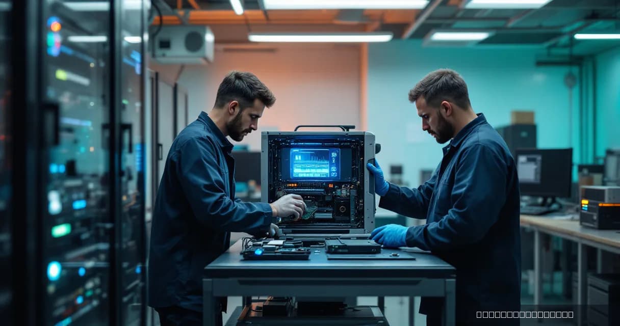 Two technicians in a laboratory setting work collaboratively on an open hardware test bench, focusing intently on the internal components of a large electronic device. The environment suggests advanced technological research with a modern and professional ambiance.