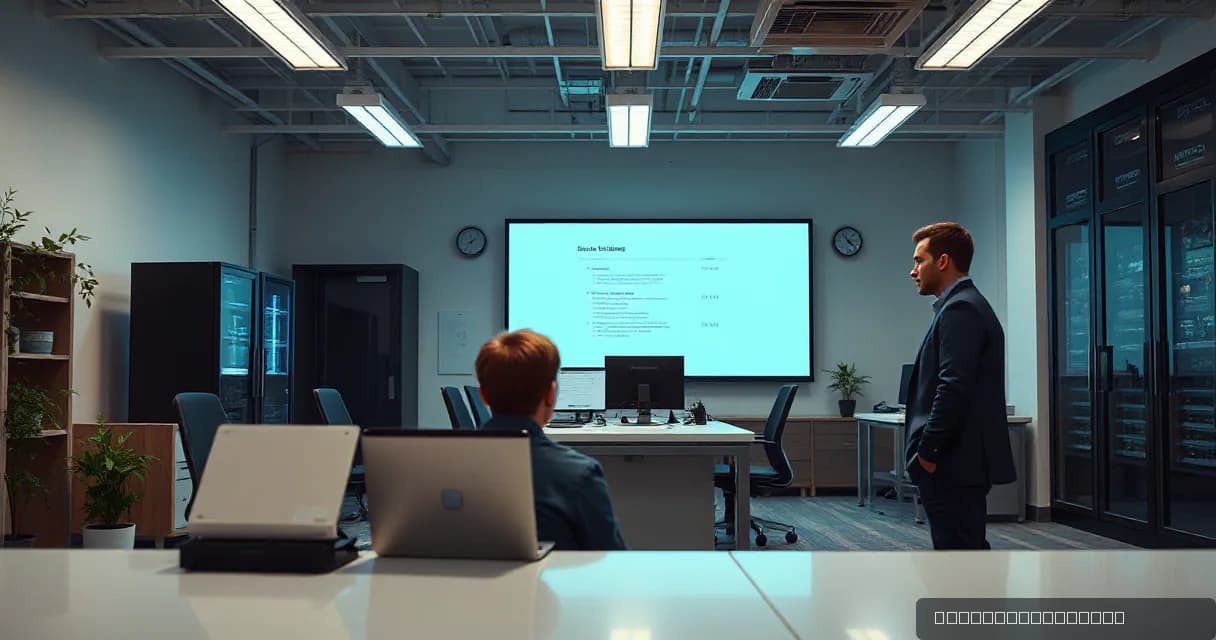 A training room scene where a coach stands at the front, guiding employees through practical tasks on computer screens. The setting is modern and industrial, with soft silver tones and cool mint accents.