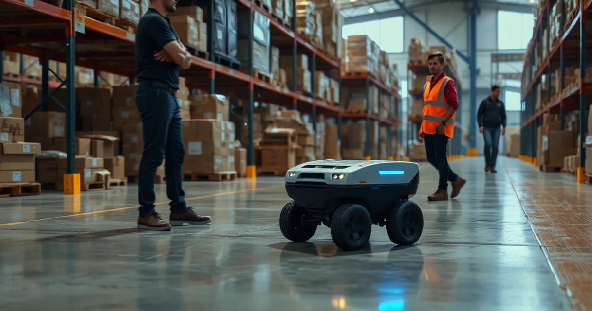A mobile warehouse robot operates autonomously within a large industrial warehouse, collecting, scanning, and delivering an unmarked parcel while being observed by two technicians. The environment is detailed with shelves of boxes and a polished concrete floor, emphasizing the real-world application