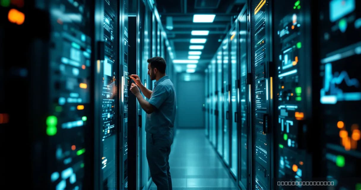 A technician installs an accelerator card into a server rack in a data center laboratory, symbolizing technological advancement and scientific inquiry.