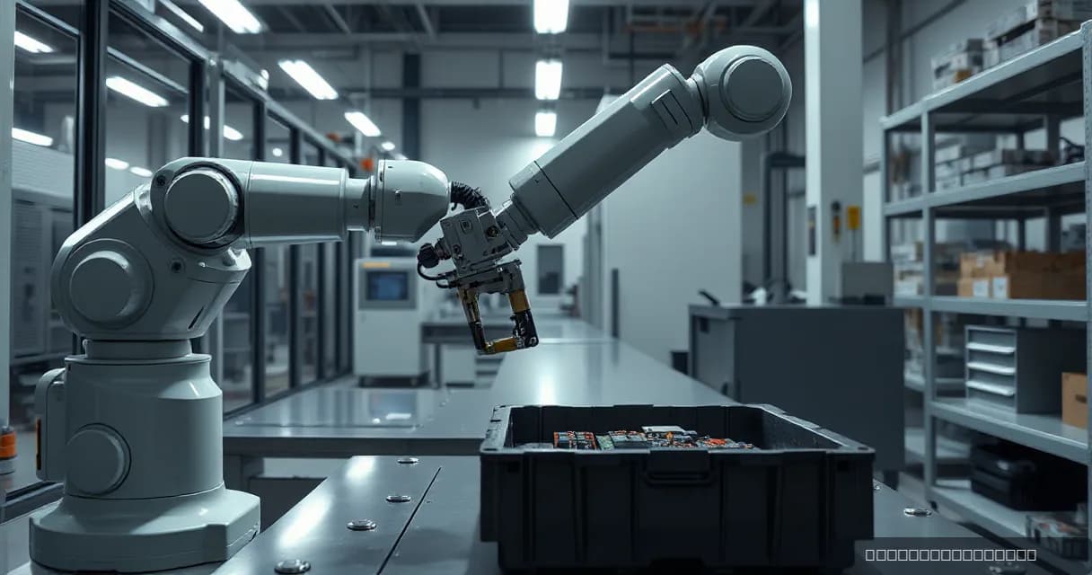 A robotic arm sorts components into separate trays within a clean fabrication bay, emphasizing precision and technological advancement.